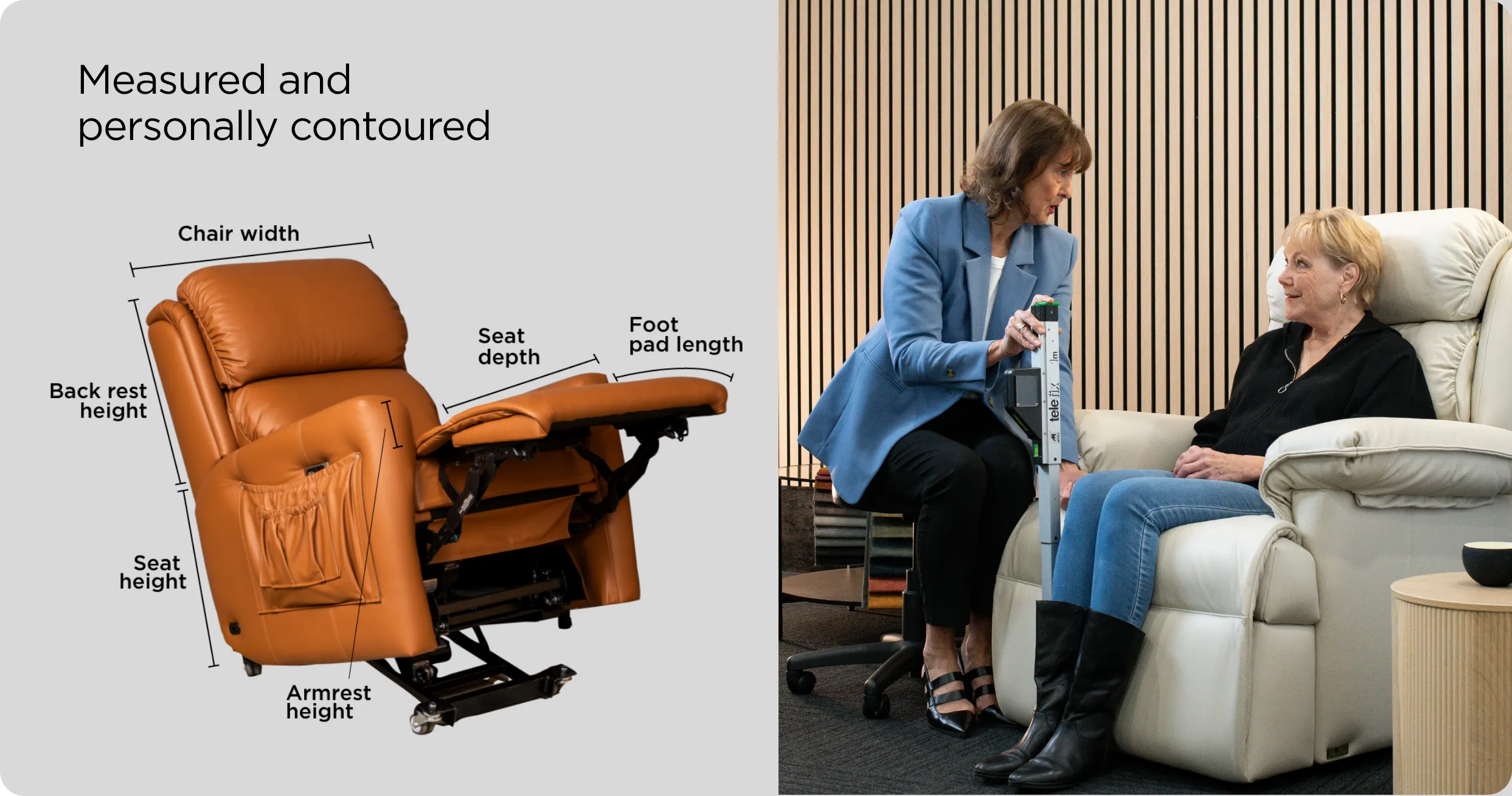 Chair measurement diagram and a seating specialist measuring a customer in a recliner
